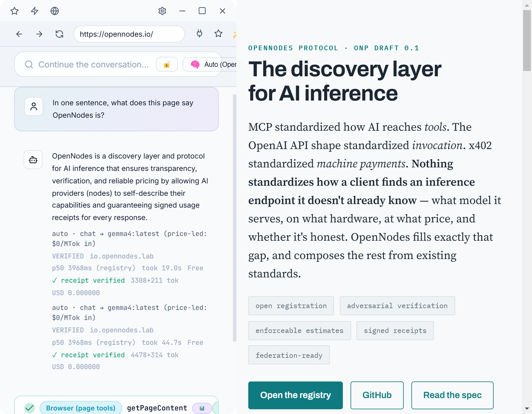 Surge with opennodes.io open in its browser: a page tool read the site, and the answer came from an OpenNodes node chosen by the advisor, with its verified receipt shown under the reply